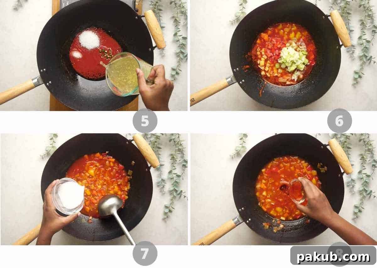Crispy Noodle Nest with Tangy Sweet and Sour Vegetables 8 A step-by-step picture collage showing the process of making sweet and sour vegetable stir-fry, from blanching vegetables to thickening the sauce in a wok.