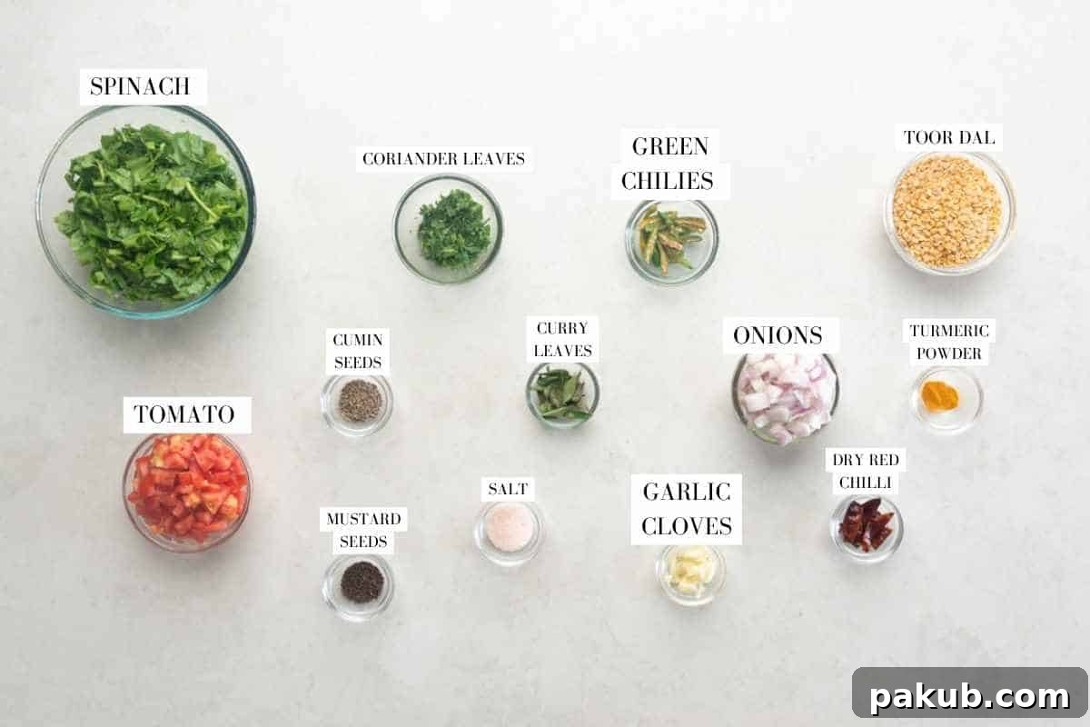 A vibrant selection of ingredients for Andhra Style Palak Pappu including washed toor dal, fresh spinach leaves, whole garlic cloves, chopped onions, ripe tomatoes, and bright green chilies