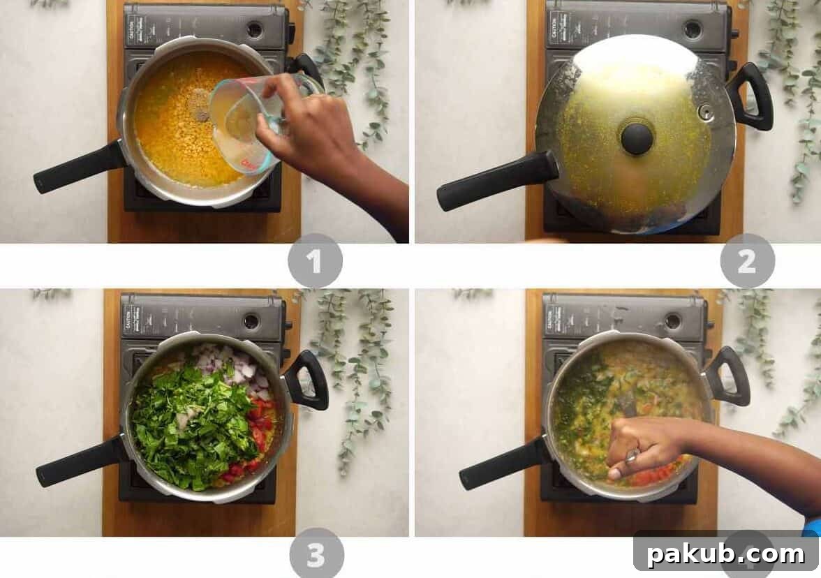 Step-by-step pictorial guide illustrating the making of Andhra Style Palak Pappu, from pressure cooking dal to the final tempering