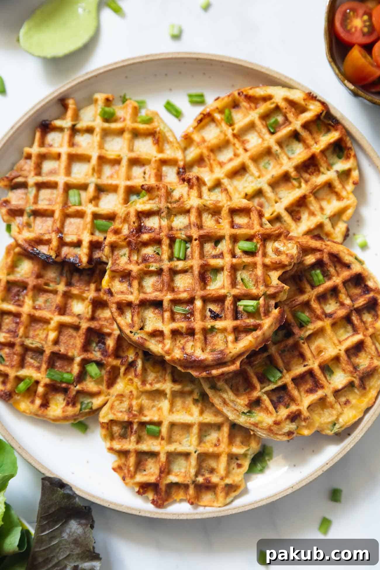Golden Corn & Cheese Waffles 2 Golden-brown savoury corn cheese waffles served on a pristine white plate, garnished with fresh herbs.