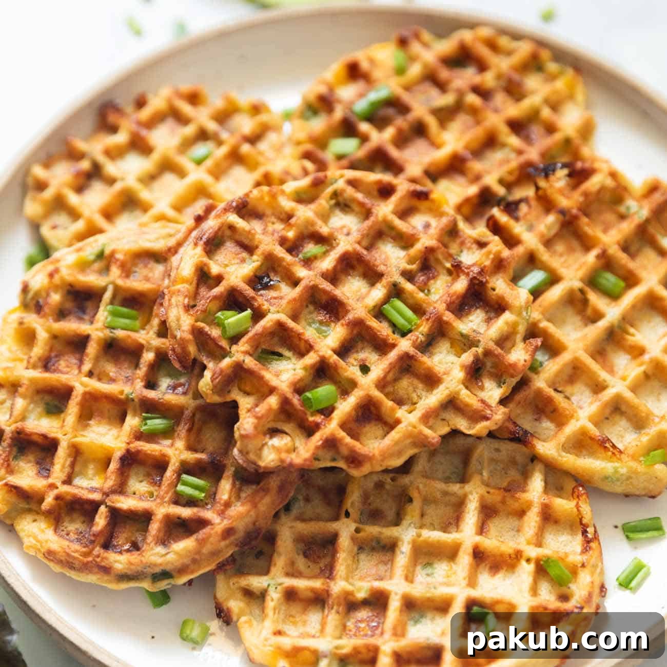 Golden Corn & Cheese Waffles 3 A close-up view of a perfectly golden, crispy savoury corn cheese waffle, showing the visible corn kernels and melted cheese.