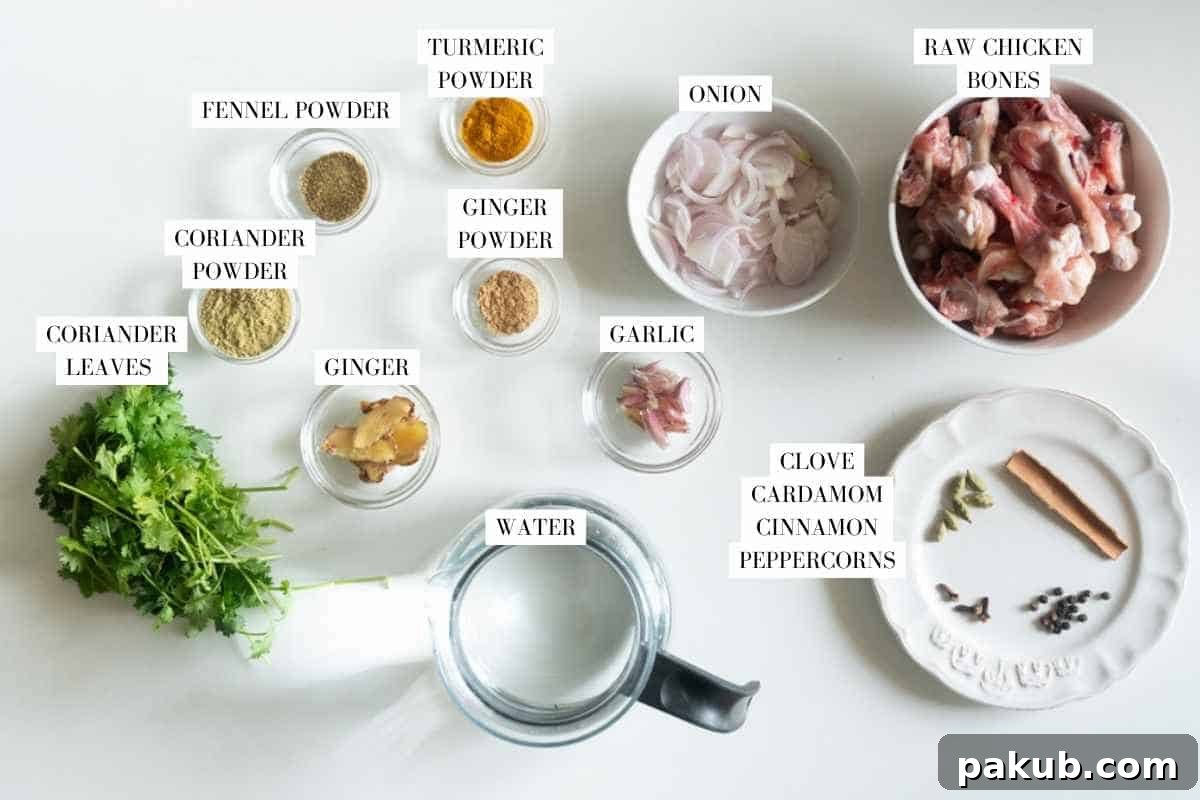 Liquid Gold Chicken Broth 3 A beautifully arranged picture of all the fresh and dry ingredients required for Turmeric Chicken Broth, clearly labeled for easy identification.