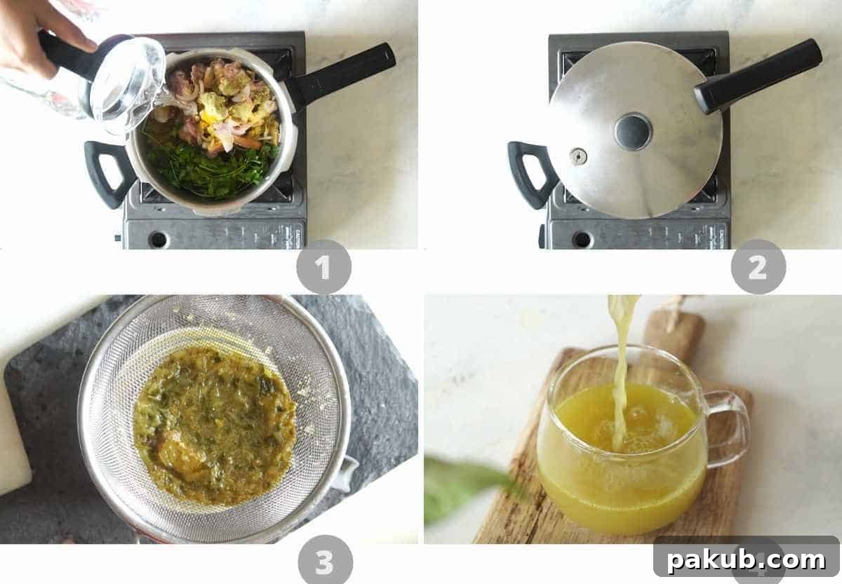Liquid Gold Chicken Broth 4 A step-by-step photographic collage illustrating the simple process of making turmeric chicken soup, from combining ingredients to the final strained broth.