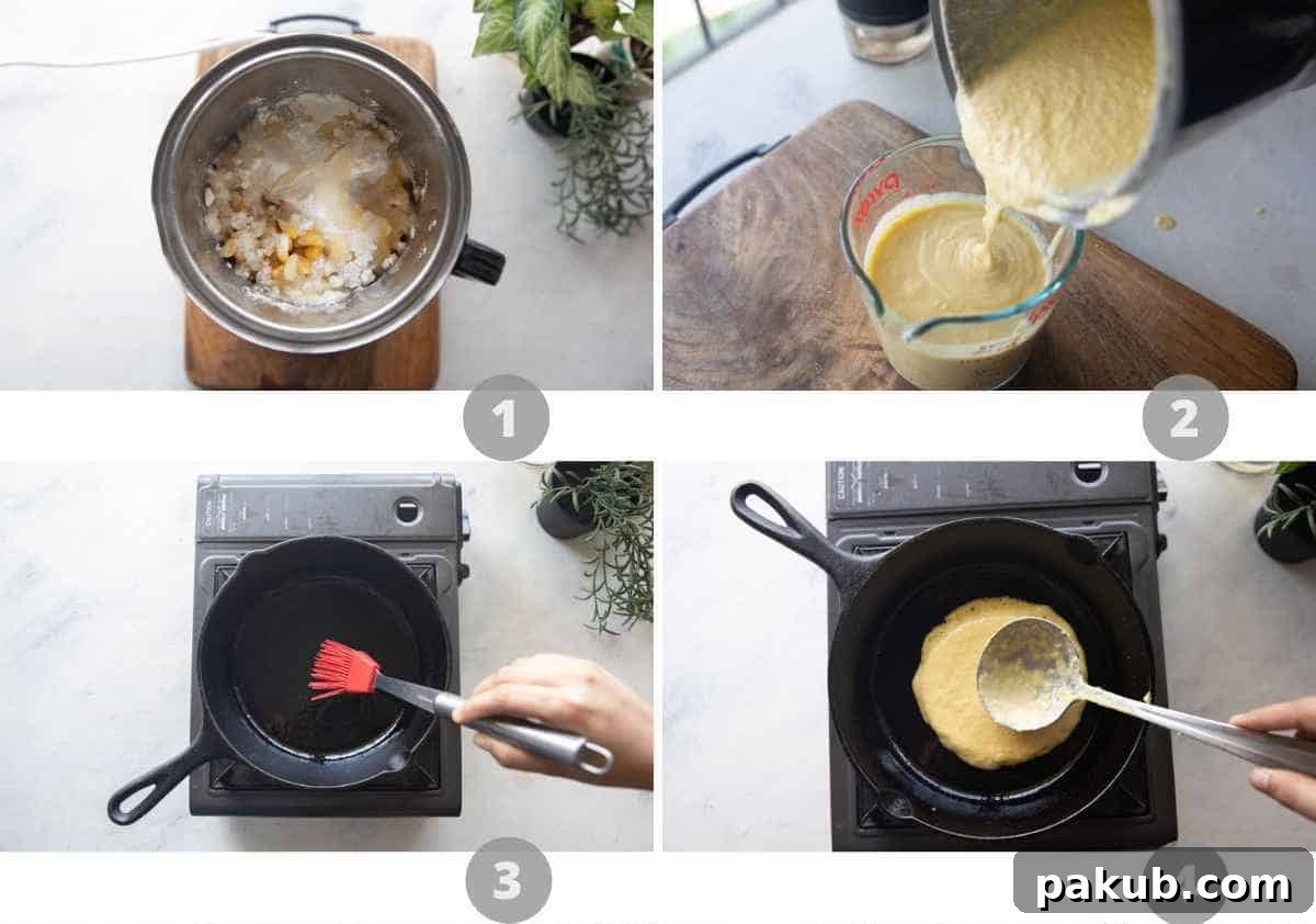 Venezuelan Cachapas Golden Corn Pancakes 4 A visual collage illustrating the initial stages of preparing Cachapas: blending the ingredients into a smooth batter and then pouring ladlefuls onto a hot griddle to form the pancakes.