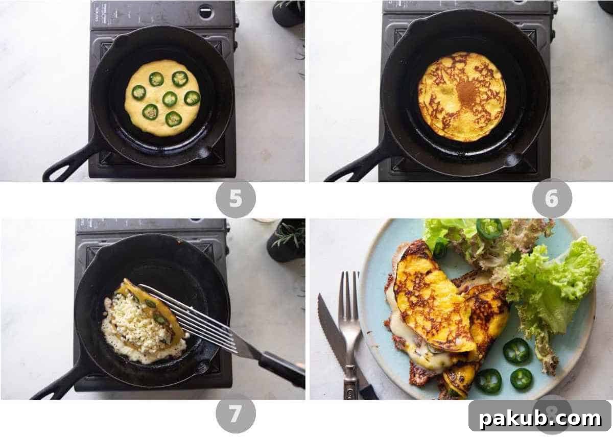 Venezuelan Cachapas Golden Corn Pancakes 5 A four-panel photo collage demonstrating the cooking process of Cachapas: showing bubbles forming on the pancake, adding jalapeños before flipping, filling with mozzarella cheese, and finally folding the pancake into a half-moon shape.