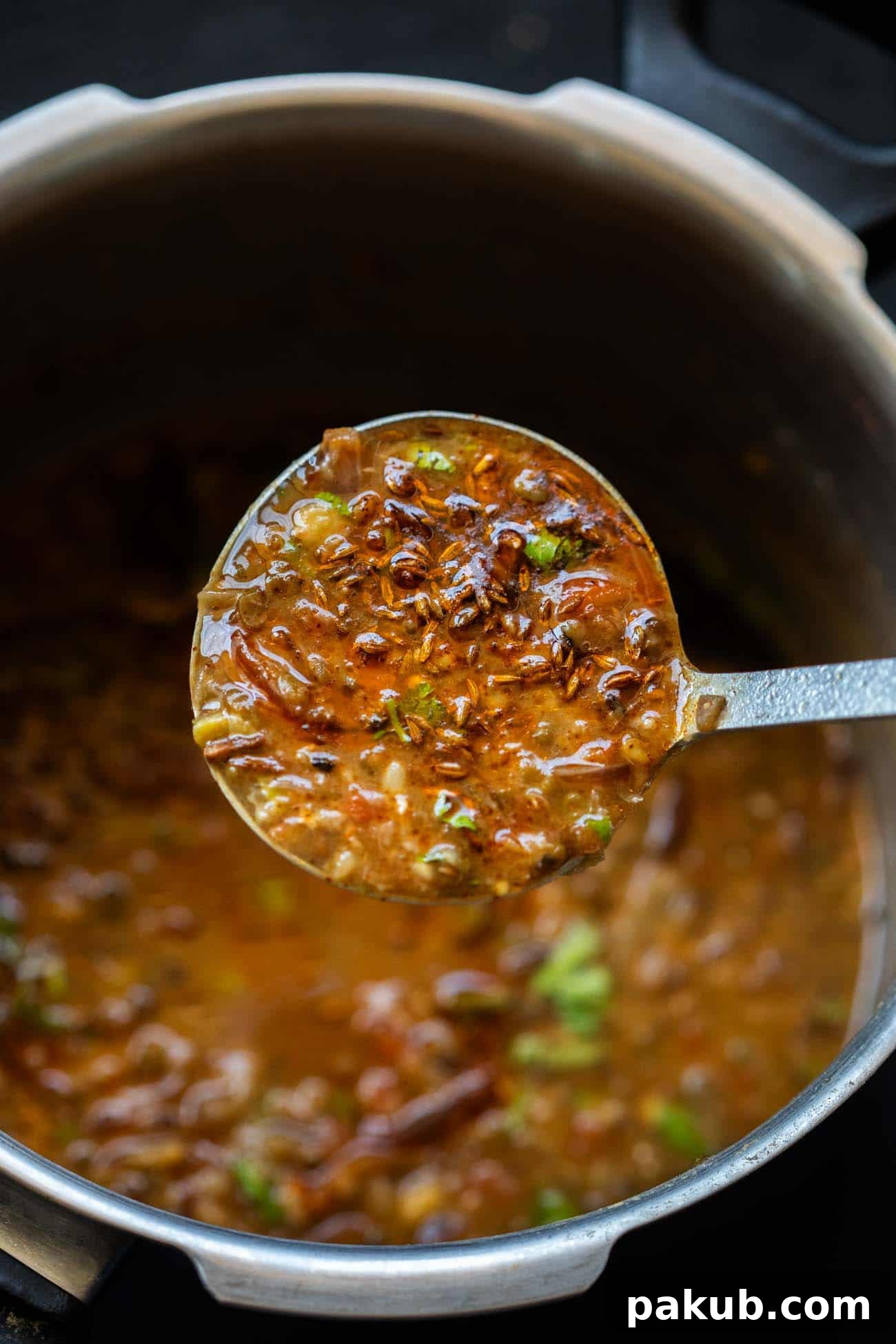 Hearty Dhaba Dal Blend 2 A close-up shot of a ladle serving Dhaba style mixed dal, highlighting its rich, creamy texture and inviting aroma.