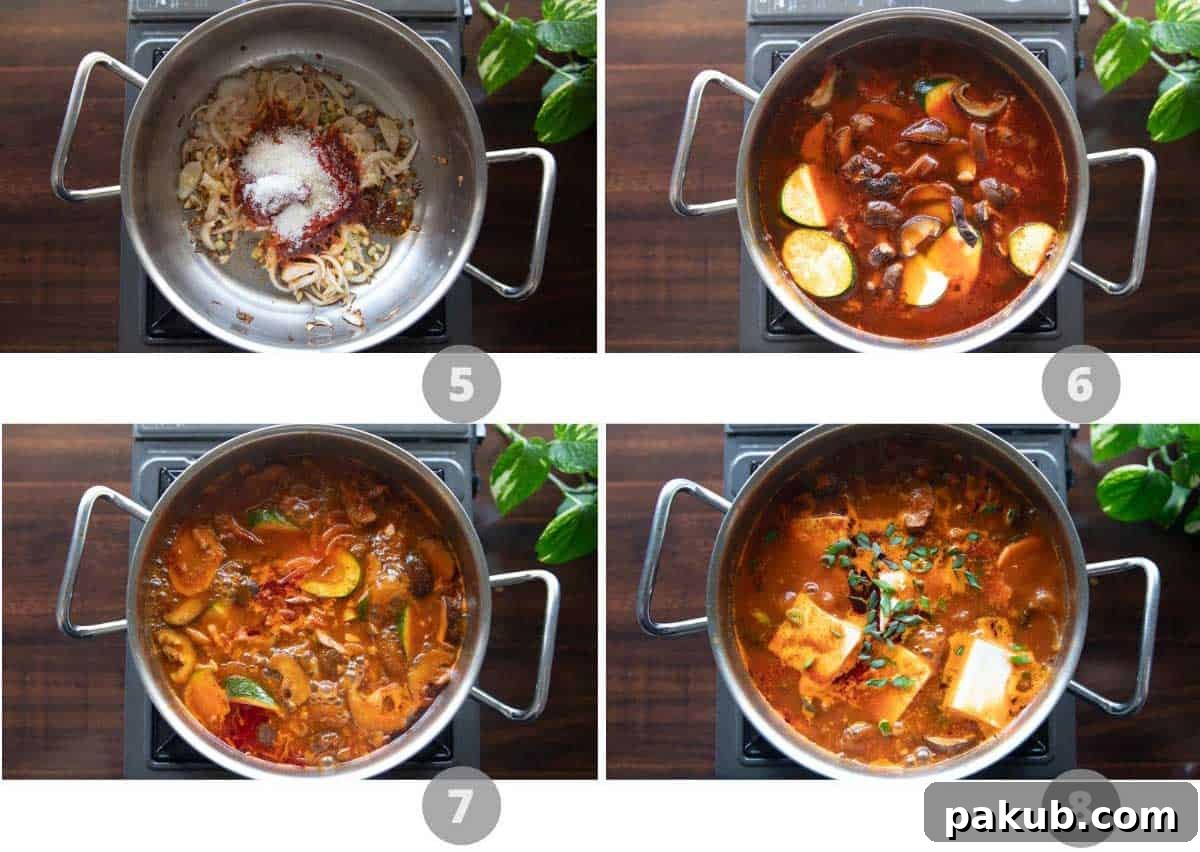 Fiery Silken Tofu Comfort 5 A step-by-step picture collage demonstrating the middle stages of making Korean stew, showing ingredients being added to the pot