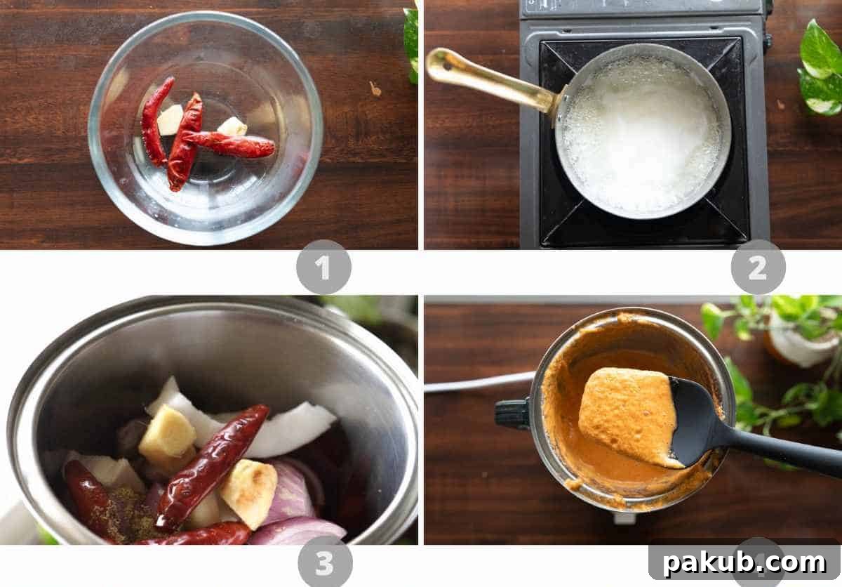 Aromatic Leaf-Wrapped Rice Parcels 4 A visual collage illustrating the initial steps of Patra Rice preparation, from soaking chillies to blending the masala.