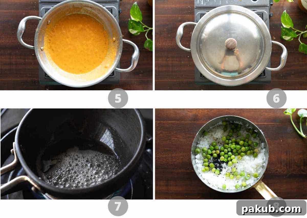 Aromatic Leaf-Wrapped Rice Parcels 5 A collage showing the cooking of the masala, tempering ghee for rice, and mixing ingredients.