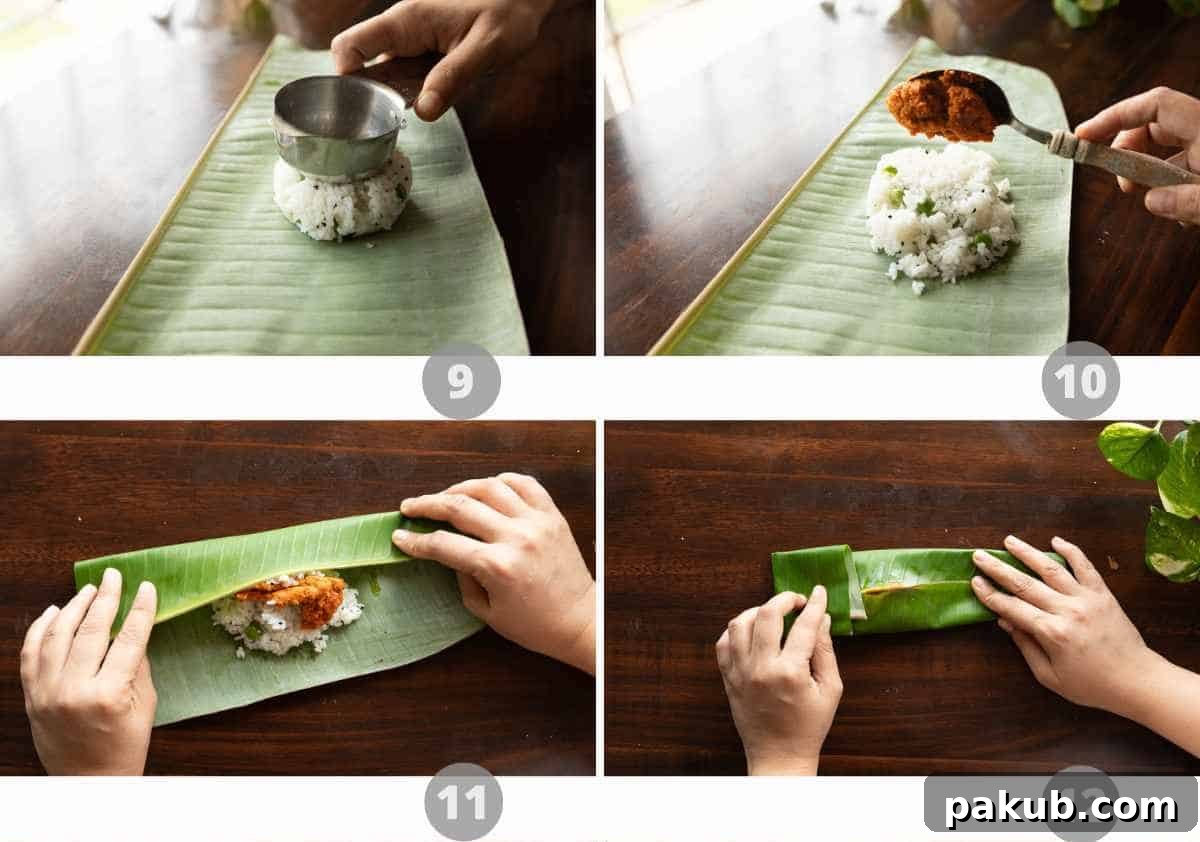 Aromatic Leaf-Wrapped Rice Parcels 6 Step-by-step imagery demonstrating the assembly of Patra Rice parcels in banana leaves.