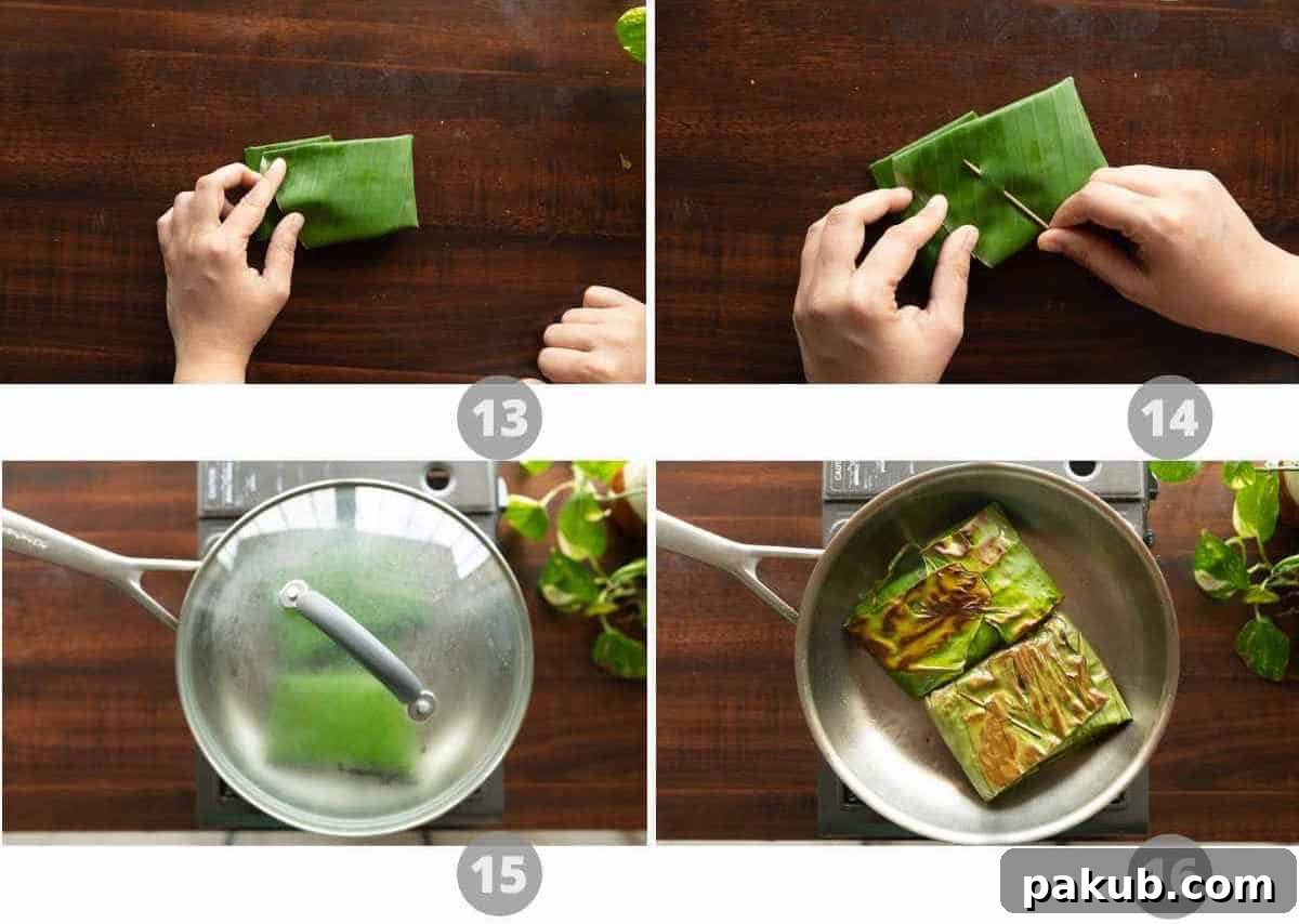 Aromatic Leaf-Wrapped Rice Parcels 7 The final stages of Patra Rice preparation: sealing the parcels and cooking them on a frying pan.