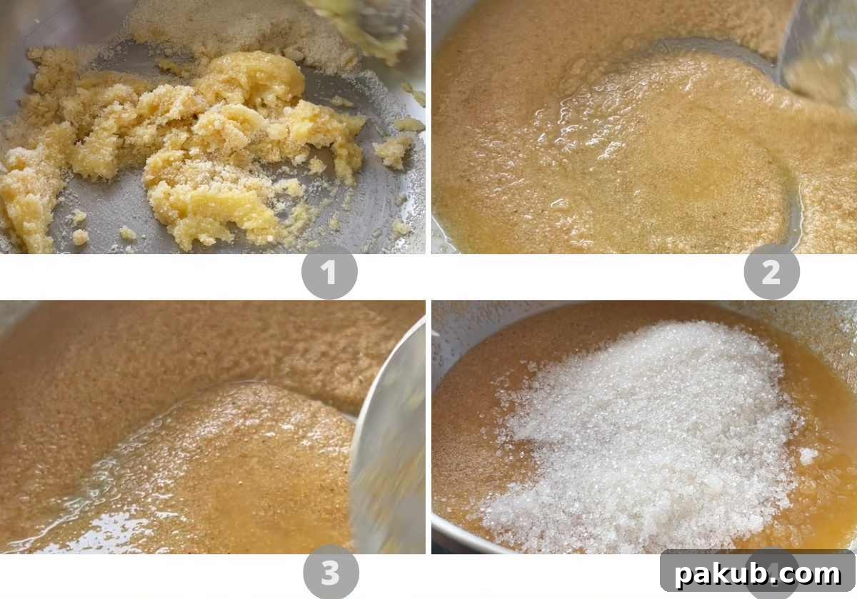 Irresistible Sooji Halwa 3 Step-by-step picture collage showing the initial stages of making Sooji Halwa: roasting sooji and besan, then adding ghee and continuing to roast until fragrant and golden brown.