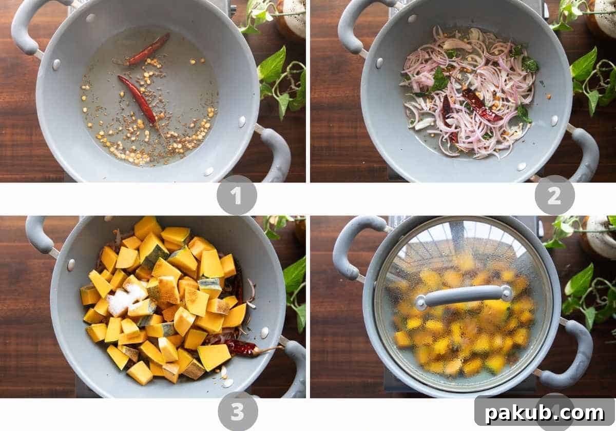 A collage of three step-by-step images showing the tempering of spices, adding pumpkin, and cooking it in a pan.