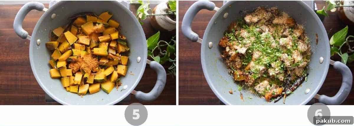 A collage of two step-by-step images showing pumpkin cooking with spices and crushed peanuts being added at the end.