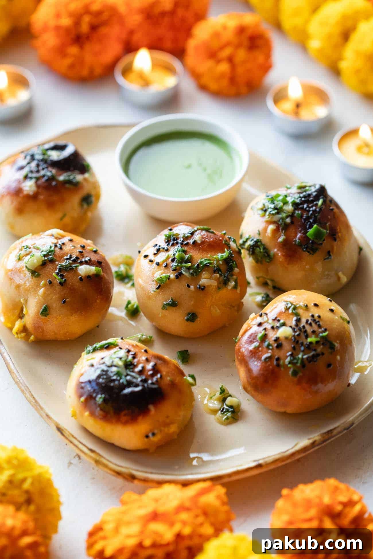 Tangy Achari Paneer Naan Poppers 2 Achari Paneer Naan Bombs served beautifully on a platter with fresh mint chutney and decorative marigold flowers, highlighting their inviting golden-brown crust.