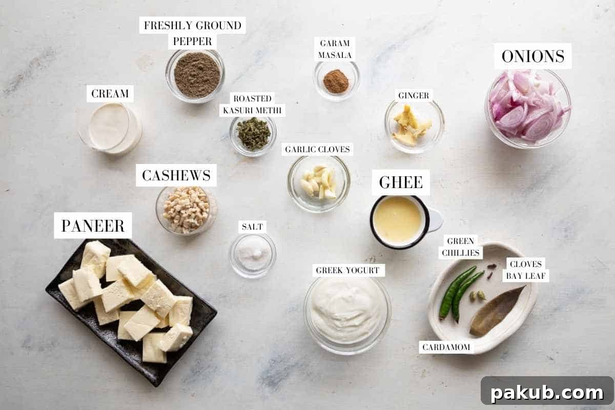 Bold Black Pepper Paneer 3 Picture of all the ingredients for paneer kali mirch with text to identify them