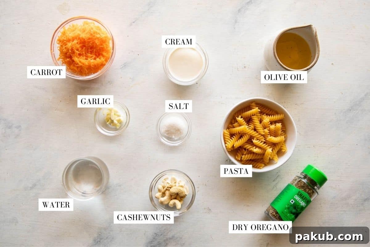 Hidden Carrot Pasta for Kids 3 Picture of all the ingredients for carrot pasta sauce laid out with text to identify them