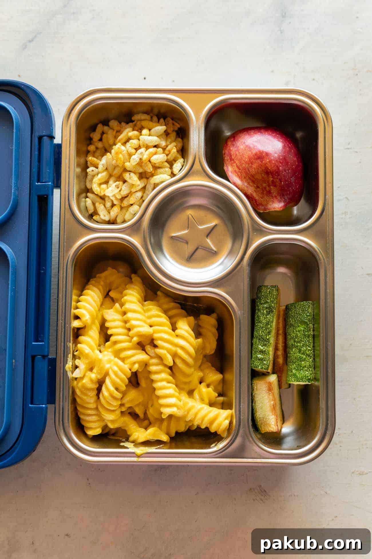 Hidden Carrot Pasta for Kids 4 Carrot Pasta served in a kids lunch box with other healthy snacks