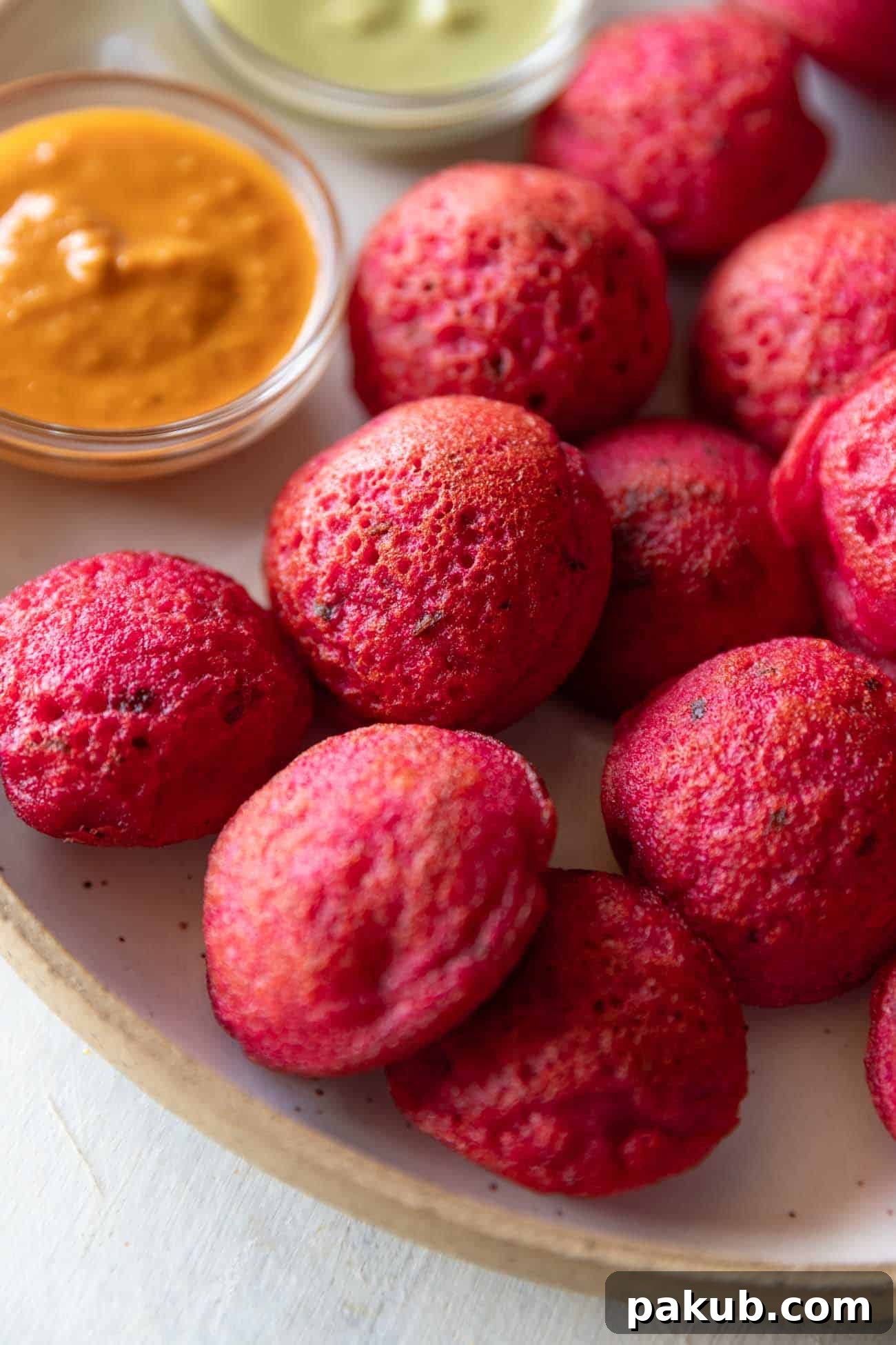 Vibrant Beetroot Appe Paddu Paniyaram 2 Bright pink beetroot appe served on a white plate with two types of chutney on the side, highlighting its vibrant color and delicious appeal.