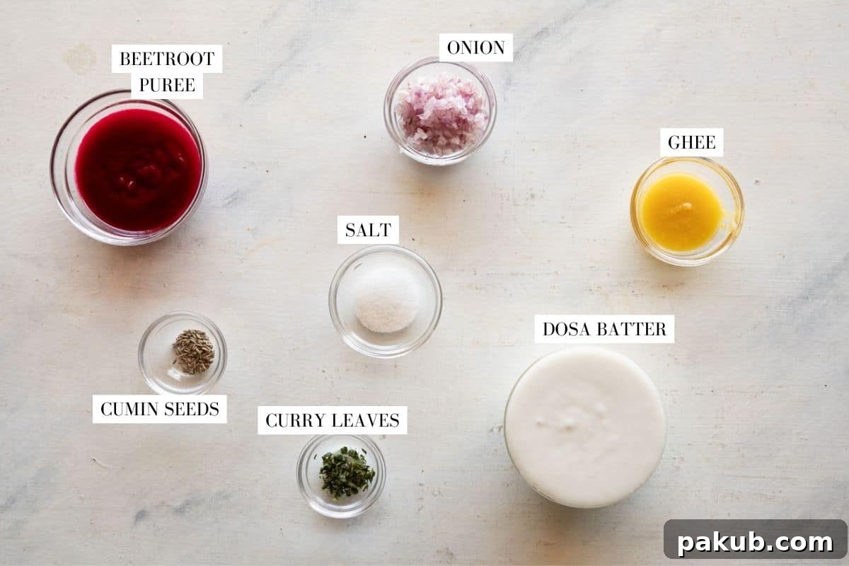 Vibrant Beetroot Appe Paddu Paniyaram 3 A flat lay of all the essential ingredients for making beetroot appe, including dosa batter, beetroot puree, chopped onion, curry leaves, cumin seeds, salt, and ghee or oil.