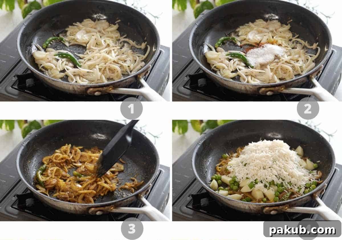 Tahari Tehri Uttar Pradesh's Golden Vegetable Pulao 4 Close-up of spices and onions sautéing in ghee in a pan, the initial stage of making Tahari.