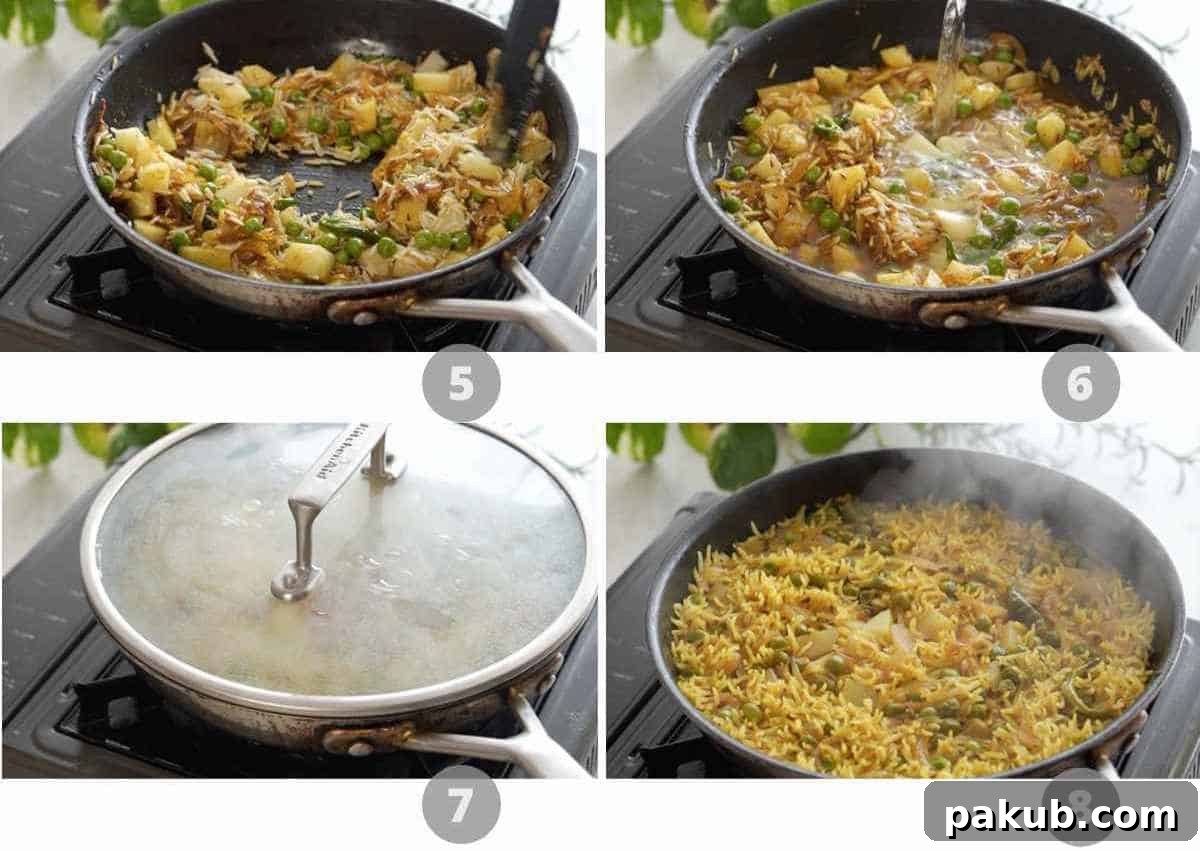 Tahari Tehri Uttar Pradesh's Golden Vegetable Pulao 5 A collage of step-by-step pictures showing the cooking process of Tahari, from sautéing to adding rice.