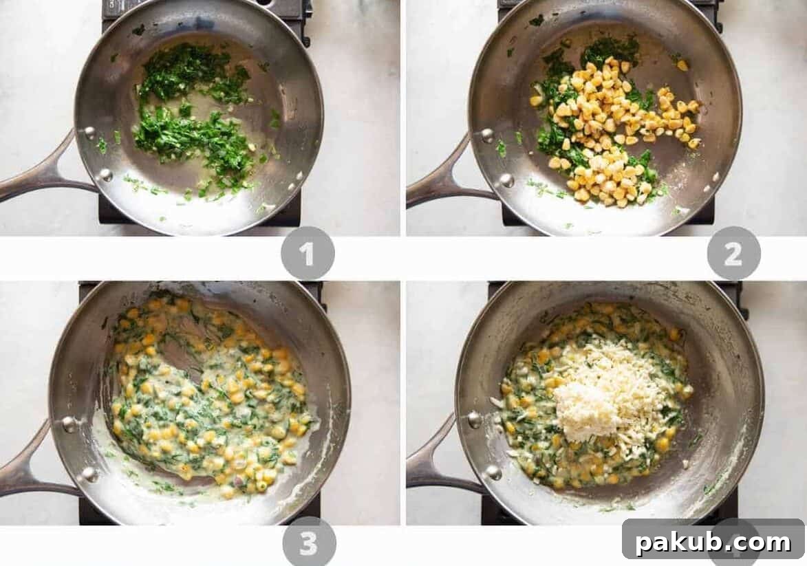 A collage of step-by-step photos illustrating the preparation of the corn spinach filling.