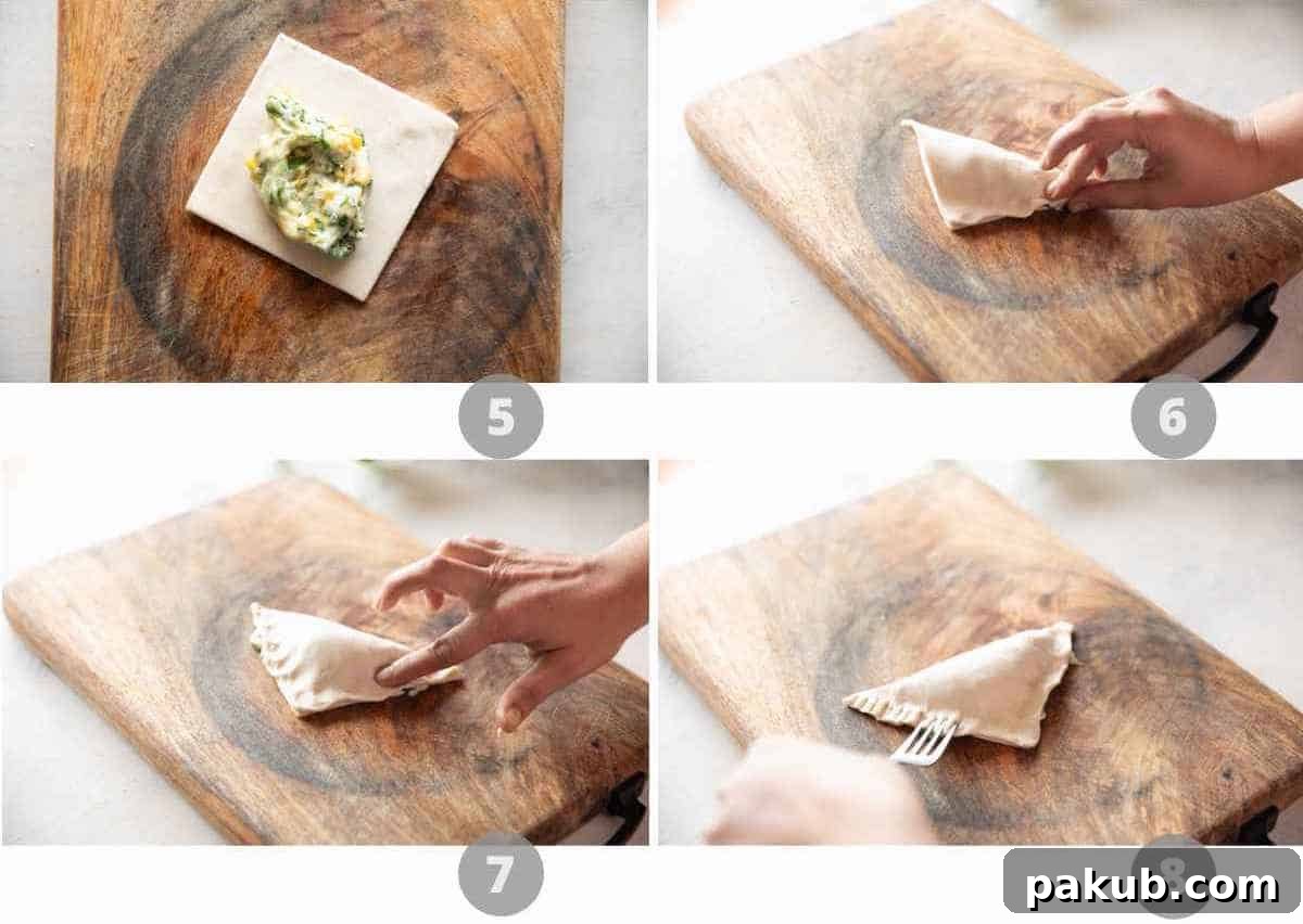 Another collage of step-by-step photos, showing how to fill and shape the puff pastry squares.