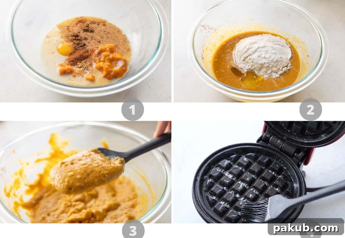 Golden Pumpkin Spice Waffles 4 A step-by-step photographic collage showing the process of mixing ingredients and cooking pumpkin waffles on a waffle iron.