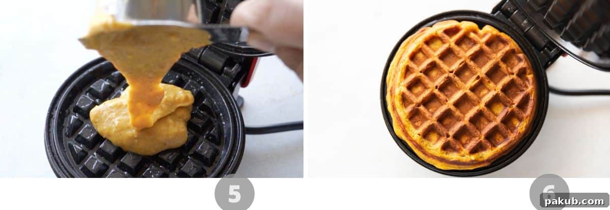 Golden Pumpkin Spice Waffles 5 A close-up step-by-step collage showing batter being poured onto a waffle iron and a finished golden waffle.