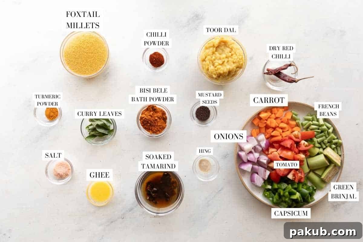 People and Such a Bath 3 A vibrant flat lay image showcasing all the fresh ingredients and spices needed for Millet Bisi Bele Bath, clearly labeled for easy identification.