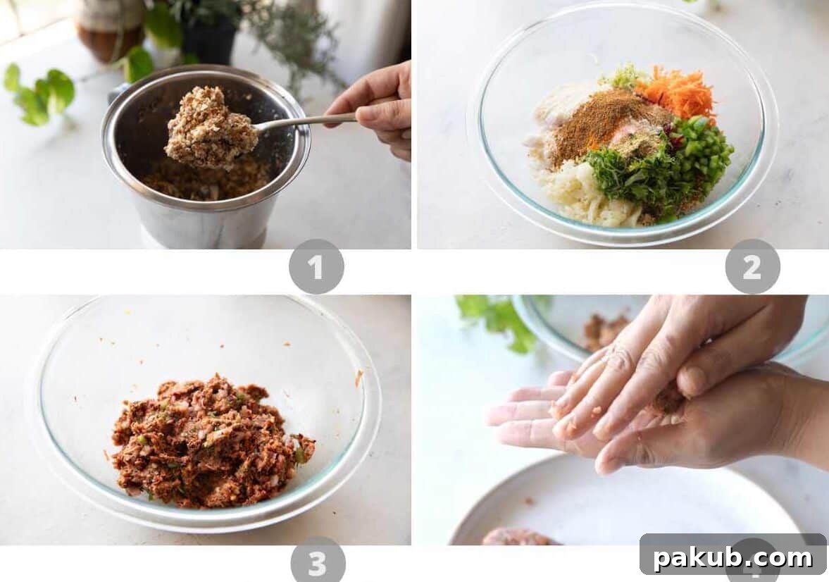 A step-by-step visual guide showing the process of preparing sprouts cutlets, from grinding sprouts to mixing ingredients.