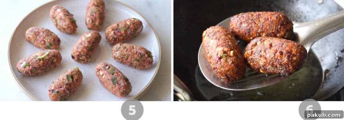 A step-by-step picture collage demonstrating the final stages of making sprouts cutlets: shaping, frying, and serving.