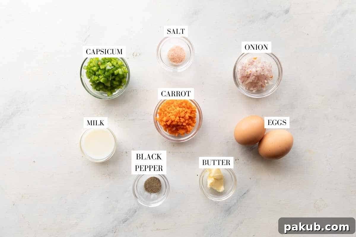 Fluffy Korean Egg Rolls 3 An organized picture displaying all the ingredients required for Korean Omelette Rolls, clearly labeled for easy identification.