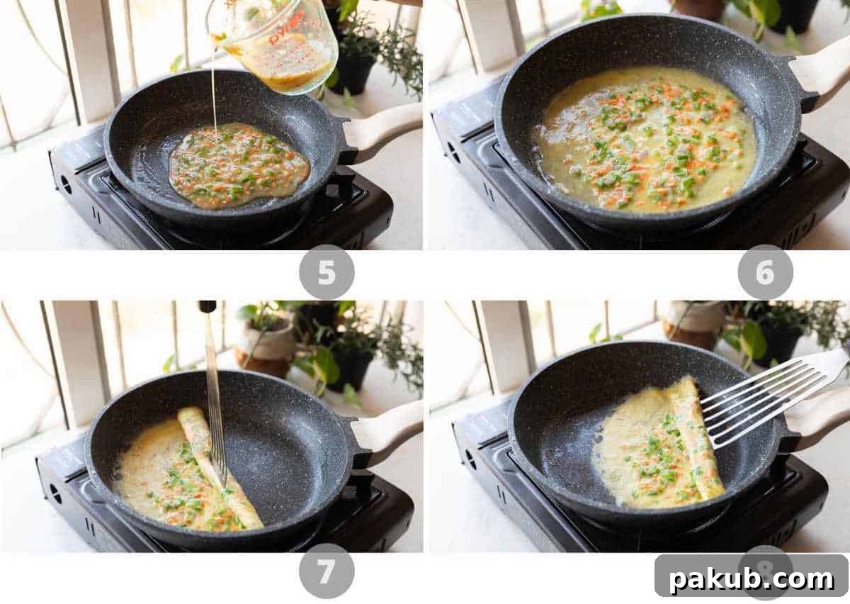 Fluffy Korean Egg Rolls 5 Another step-by-step picture collage illustrating the rolling process of the Korean omelette.