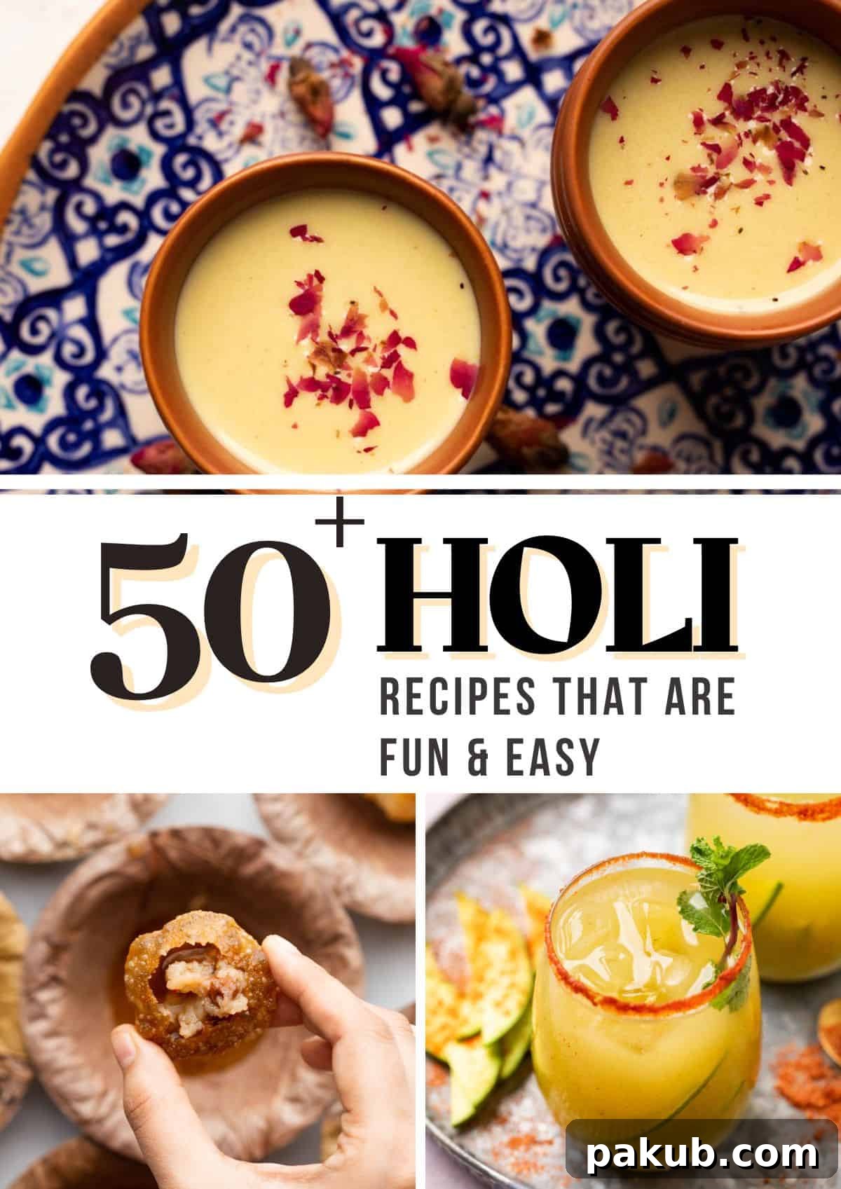 Holi Feast Guide: Over 50 Fun and Flavorful Recipes 2 A vibrant photo collage showcasing various Holi recipes, including savory snacks, sweet treats, and refreshing drinks, set against a festive backdrop.