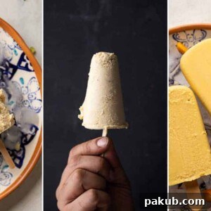 A vibrant collage showcasing three distinct kulfi flavors: kesar badam pista, mango, and malai kulfi.