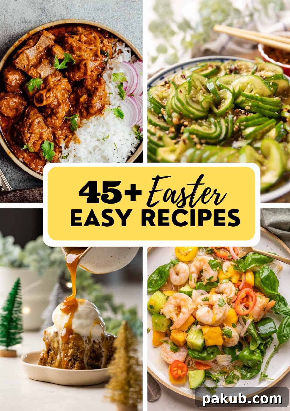 A vibrant photo collage showcasing various delicious Easter dishes, including roasted carrots, prawn cocktail, biryani, and hot cross buns, with text overlay inviting viewers to explore recipes.