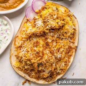 Luxurious Mutton Biryani served on a grand platter with sliced onions, a cooling raita, and spicy mirchi salan.