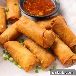 Crispy Veg Spring Rolls served on a platter with a side of sweet chili sauce, ready to be enjoyed.
