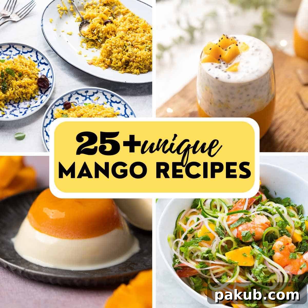 A vibrant photo collage featuring various mango dishes: mango lassi, mango cake, mango salad, and raw mango curry, with text overlay '25+ Mango Recipes'.