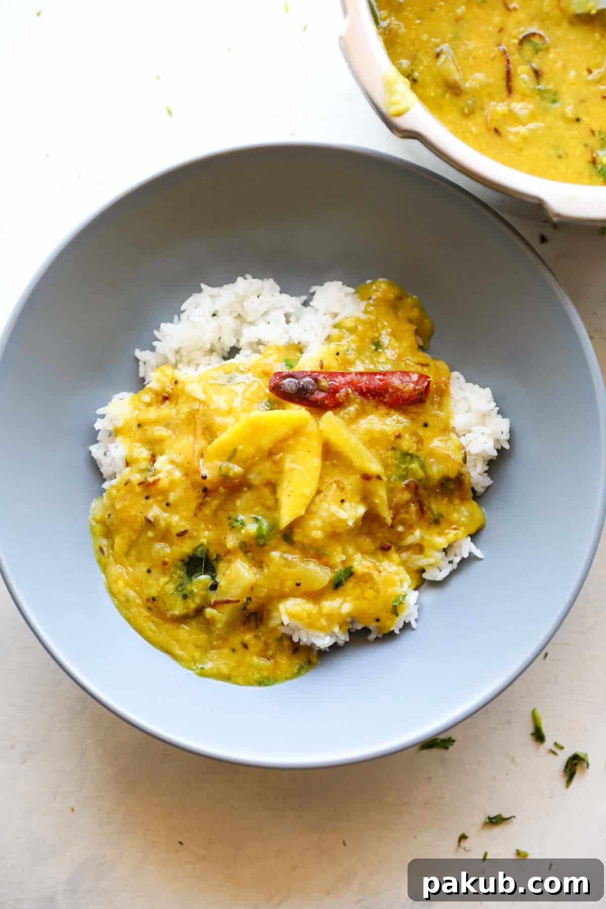 Zesty Raw Mango Lentil Curry 4 Raw mango dal served with fluffy steamed rice in a grey bowl, garnished with a sprig of coriander.