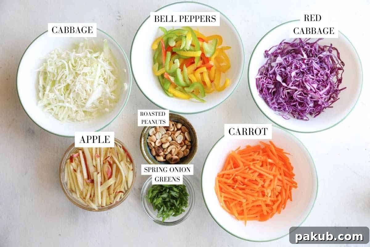 A collection of fresh Asian Slaw ingredients including shredded cabbage, carrots, bell peppers, and peanuts, neatly arranged in bowls