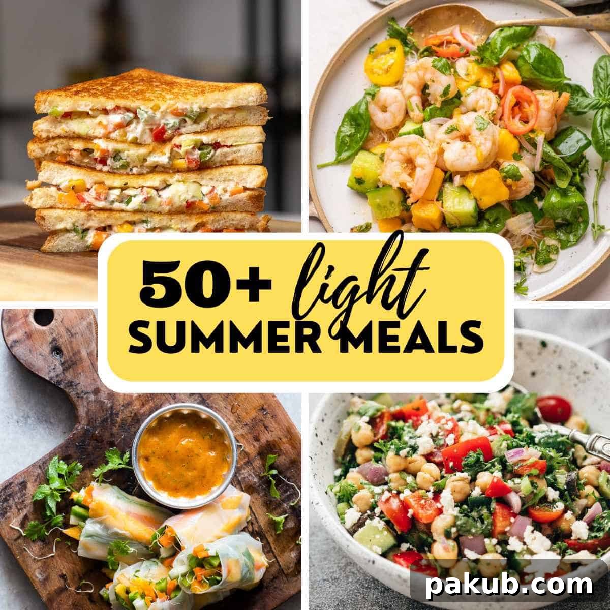 Over 50 Refreshing Summer Recipes to Beat the Heat 2 A vibrant photo collage showcasing a variety of light summer meal ideas, including fresh salads, pasta dishes, and refreshing drinks, with an inviting text overlay.