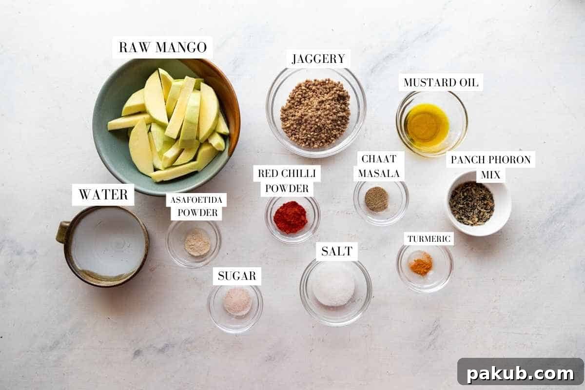 Tangy Green Mango Relish 3 ingredients for raw mango chutney with text overlay