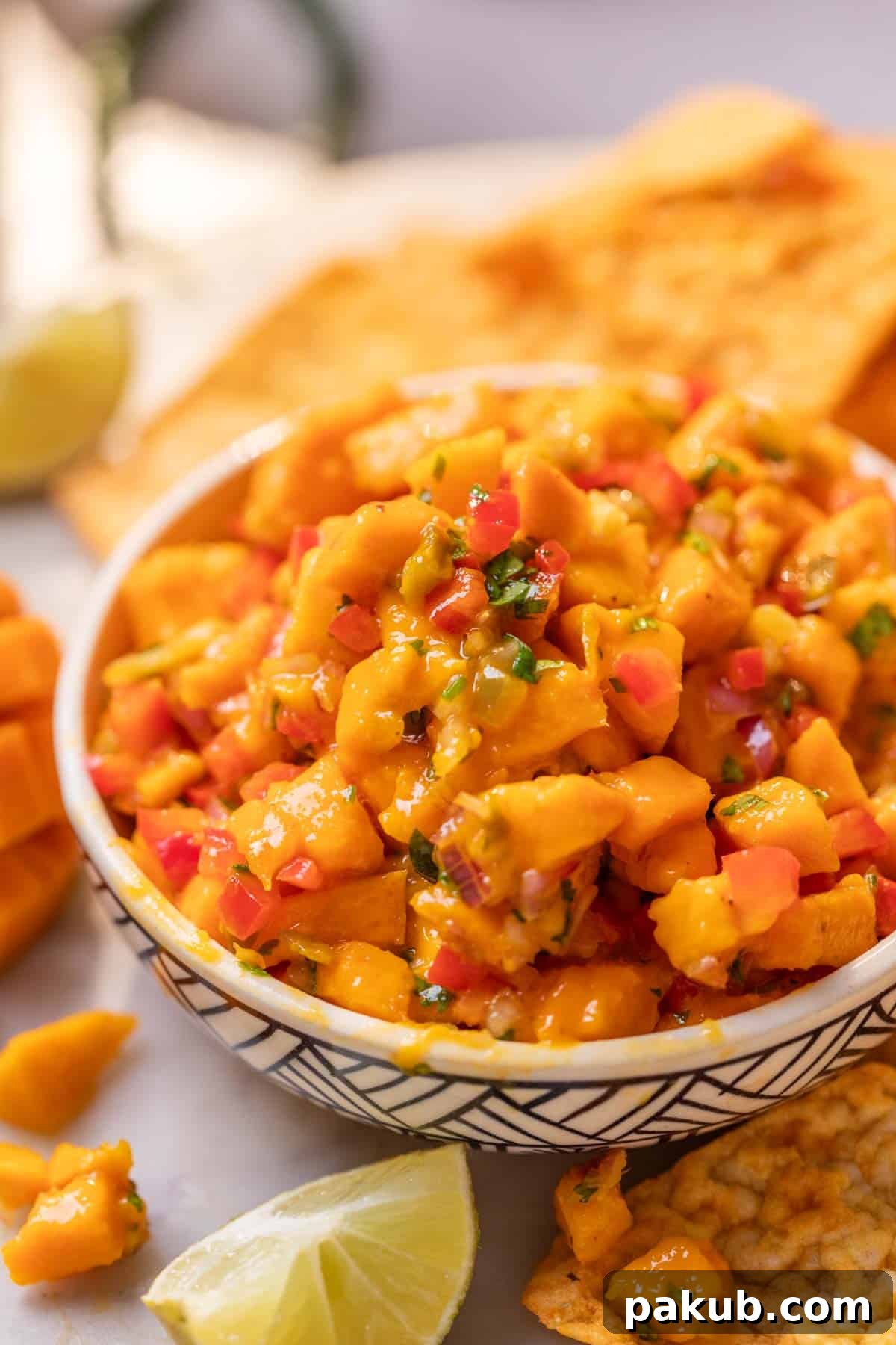 Sunshine Mango Salsa 2 Close-up of a bowl of fresh mango salsa, highlighting its juicy texture and vibrant colors from diced mangoes, red bell peppers, and cilantro.