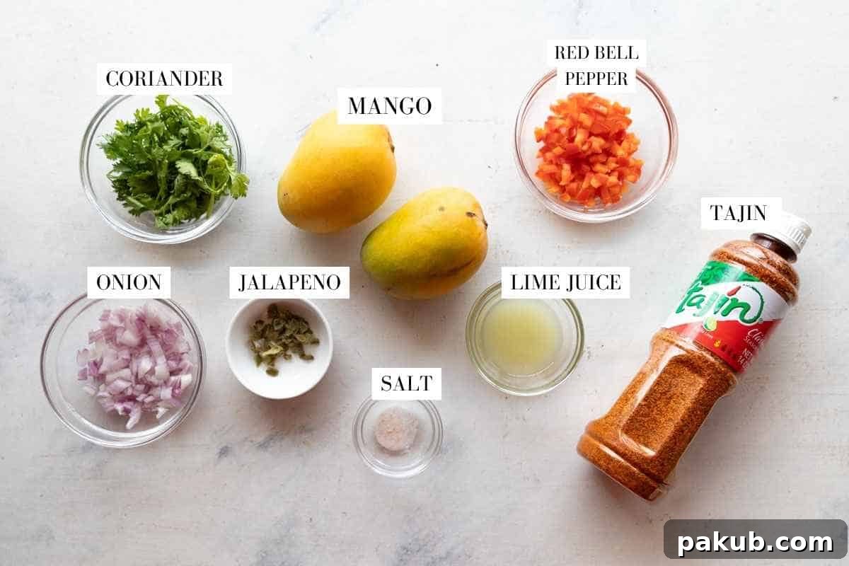 Sunshine Mango Salsa 3 A vibrant flat lay showcasing all the fresh ingredients needed for mango salsa: diced mangoes, red bell pepper, red onion, jalapeño, lime, and TajÃn seasoning.