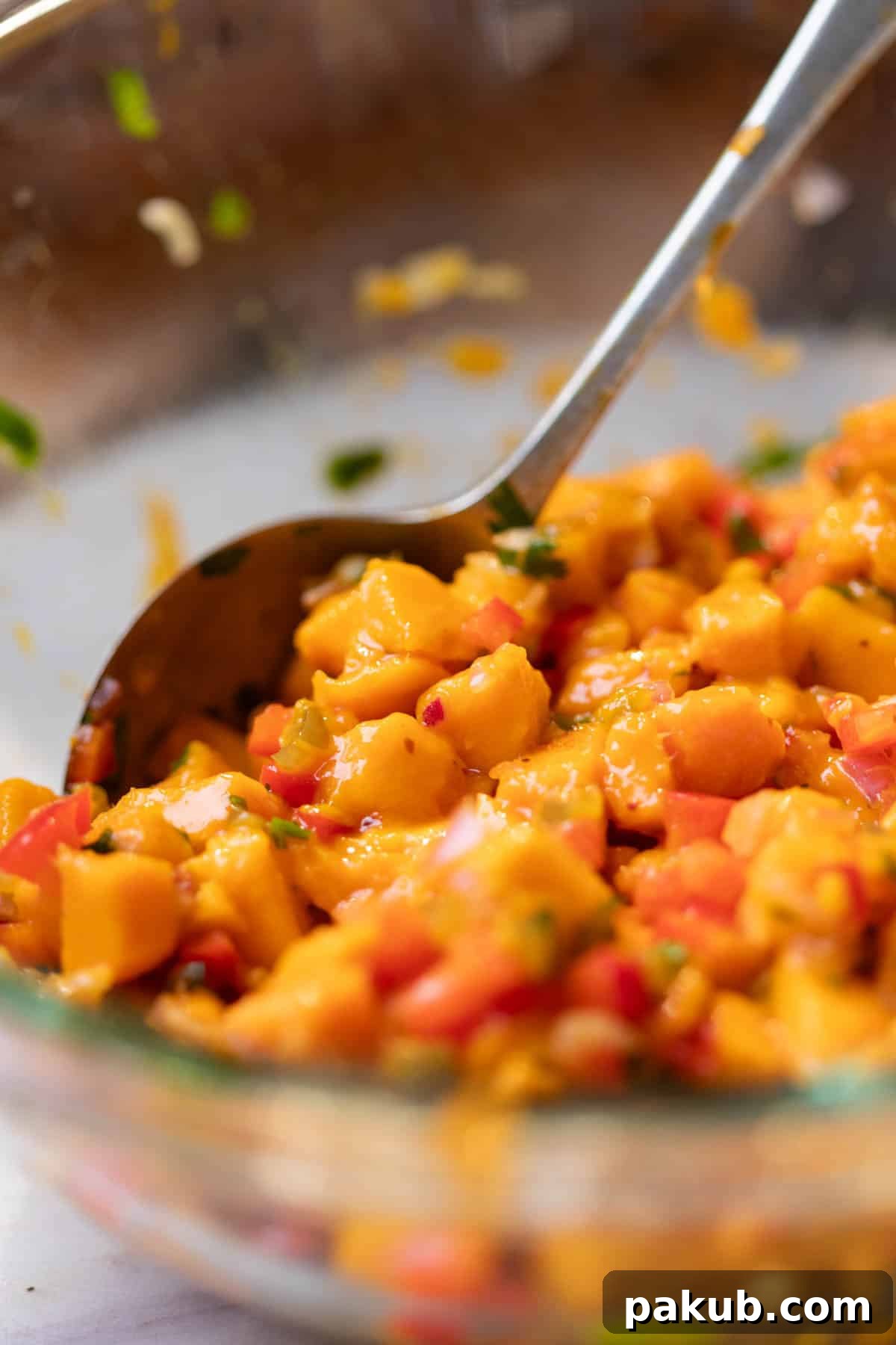 Sunshine Mango Salsa 4 A spoon gently mixing fresh and juicy mango salsa in a clear bowl, showcasing its vibrant texture and colors.