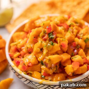 Sunshine Mango Salsa 5 Close-up of fresh mango salsa showing its vibrant, juicy texture, ready to be served.