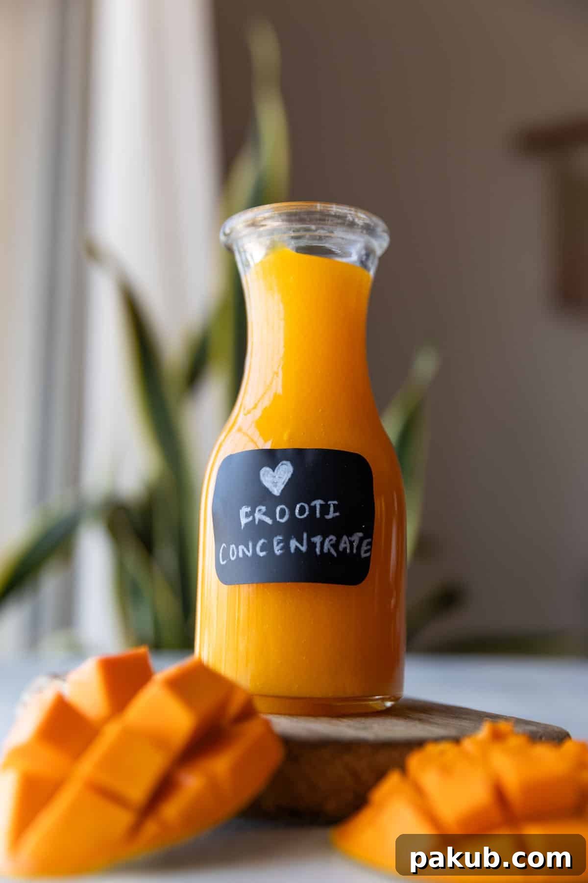 A labeled glass bottle filled with thick mango juice concentrate, ready for refrigeration.
